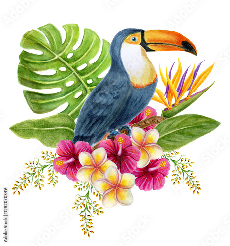 Toucan sits on branch in tropical flowers and lush greenery. Watercolor painting tropics composition consisting of  hibiscus, plumeria and green palm leaves.
