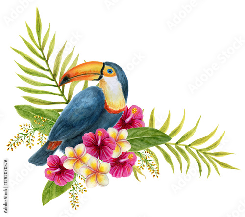 Toucan sits on branch in tropical flowers and lush greenery. Watercolor painting tropics composition consisting of  hibiscus, plumeria and green palm leaves.