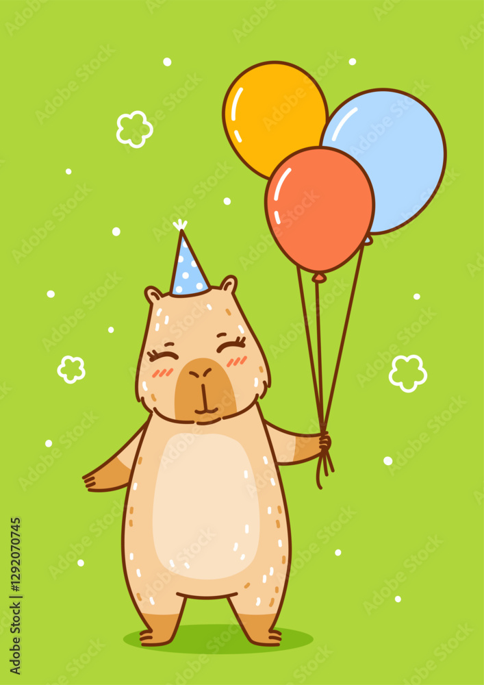 Obraz premium Cute сartoon capybara with balloons on green background - funny animal for Your Birthday greeting card design
