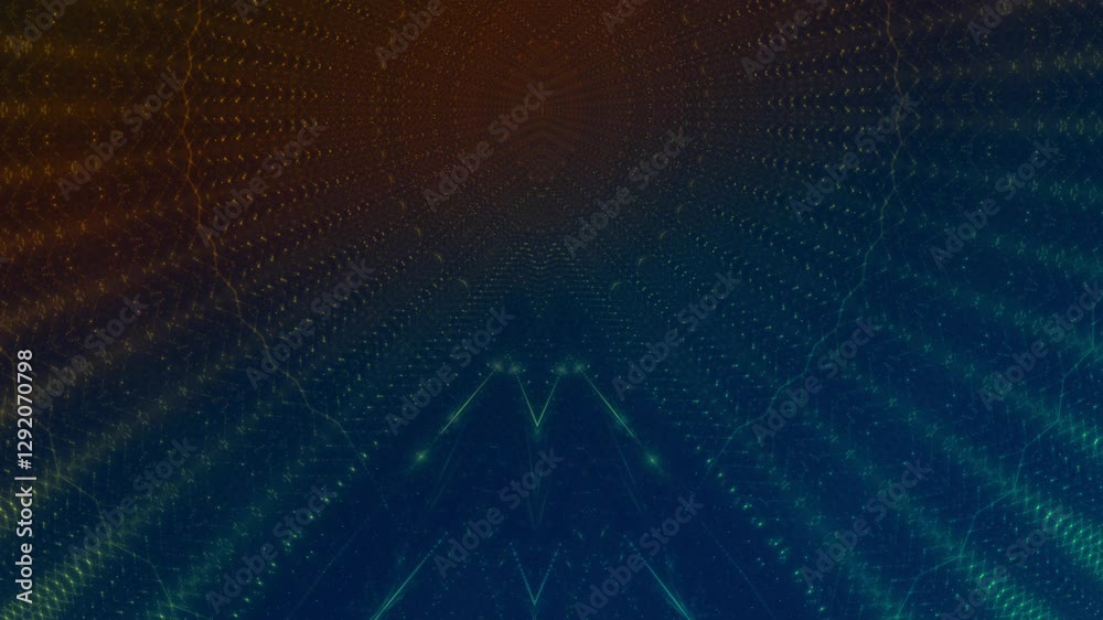 leuchtende Lichtpunkte bewegen sich langsam Richtung Zentrum, digitaler Datentransfer, Algorithmus, Internet, Energie, Datenfluss, Geschwindigkeit, Wandel, Austausch, grün, gelb, orange
