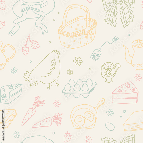 Adorable cottagecore line art style  seamless pattern, funny elements. Wrapping paper, textile design. Hand drawn vector doodle, cottage core background