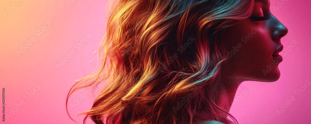 Woman posing with neon lights illuminating her beautiful hair Woman posing with neon lights illuminating her beautiful hair