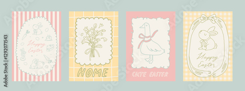 Cute happy easter card set. Spring hand drawn cottagecore collection. Egg frame, adorable bunny. Countryside aesthetic poster in whimsical line art style. A4 vertical printable, vector background