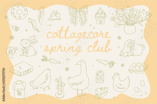 Set of cute spring easter cottagecore illustrations. Farmhouse elements, bows, ribbon, bouquet, flowers, goose, chicken. Gardening, countryside lifestyle. Summer village. Vector cottage core graphic