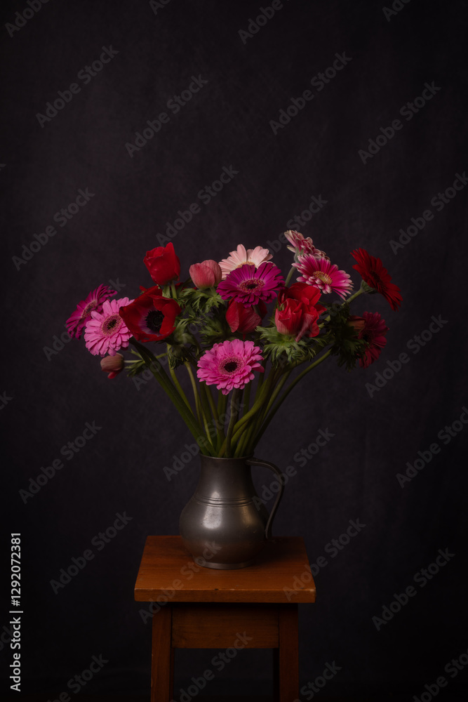 custom made wallpaper toronto digitalred and pink anemone and gerber flowers in a metal jar on stool in painterly classic renaissance style