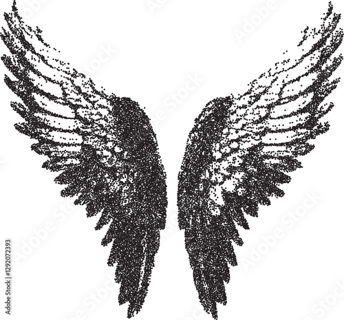 Angel vintage y2k stipple art, wings halftone stipple brutalist retro vector png with transparent background, divine 2000s aesthetic photocopy effect tattoo