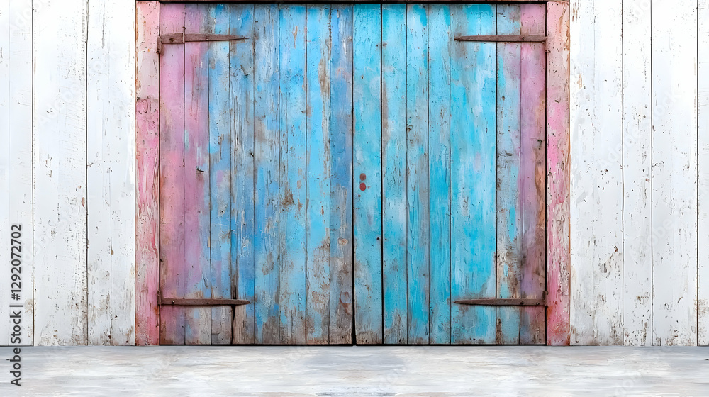 Rustic blue pink wooden doors, white wall, floor. Background for design Rustic blue pink wooden doors, white wall, floor. Background for design