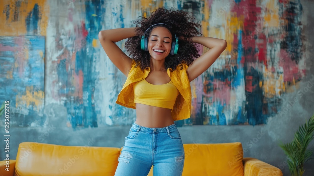 Naklejka premium Young Woman Dancing Playfully with Headphones On.