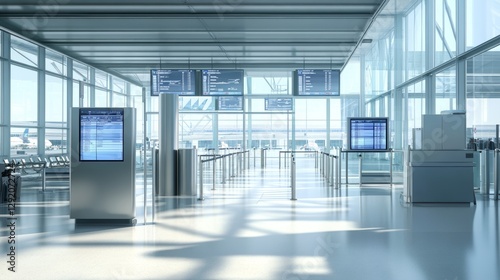 Vector airport waiting hall, security control with customs and passengers. Digital screen - departures and arrivals schedule in international terminal. Metal detector for X-ray examination of baggage