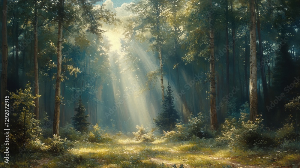 Obraz premium Beautiful painting of sunbeams filtering through trees in a lush, tranquil forest, creating a serene and magical atmosphere with dappled light and shadows on the forest floor