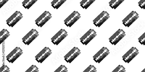 Razor blades distressed monochrome seamless pattern. Trendy print with retro photocopy effect and grainy stippling dotted texture. Grunge vector illustration isolated on transparent background