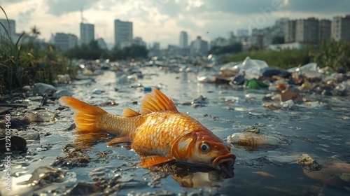 Fish Dead from Pollution with Toxic Foam in a Contaminated Lake. Generative AI photo