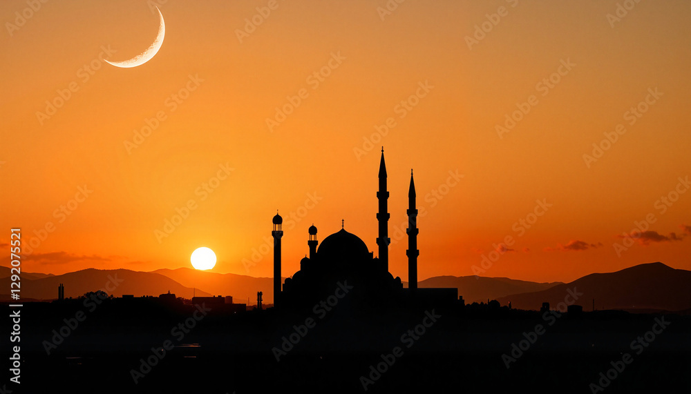 Obraz premium Silhouette of a mosque at sunset with crescent moon