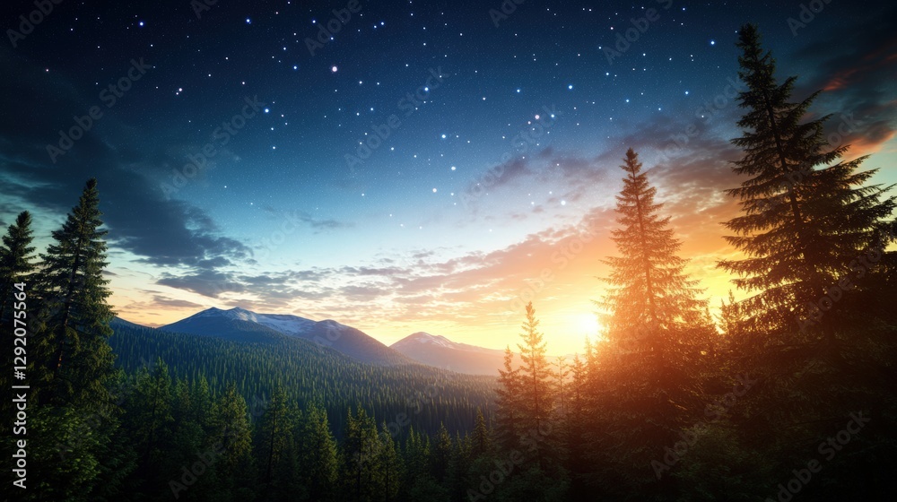 Mountain landscape with dense forest under a bright blue sky and scattered clouds during daylight Mountain landscape with dense forest under a bright blue sky and scattered clouds during daylight