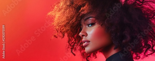 Serious fashion model posing with big afro hair on red background photo