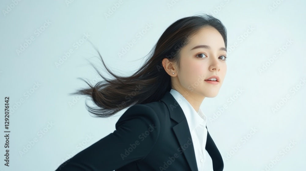 Young Business Woman in Suit with Hair Blowing in the Wind Young Business Woman in Suit with Hair Blowing in the Wind