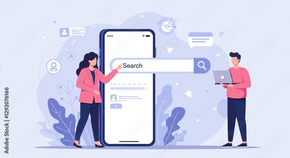 Flat illustration of a large smartphone screen with a search engine interface as two professionals interact, symbolizing online research and information discovery Flat illustration of a large smartphone screen with a search engine interface as two professionals interact, symbolizing online research and information discovery