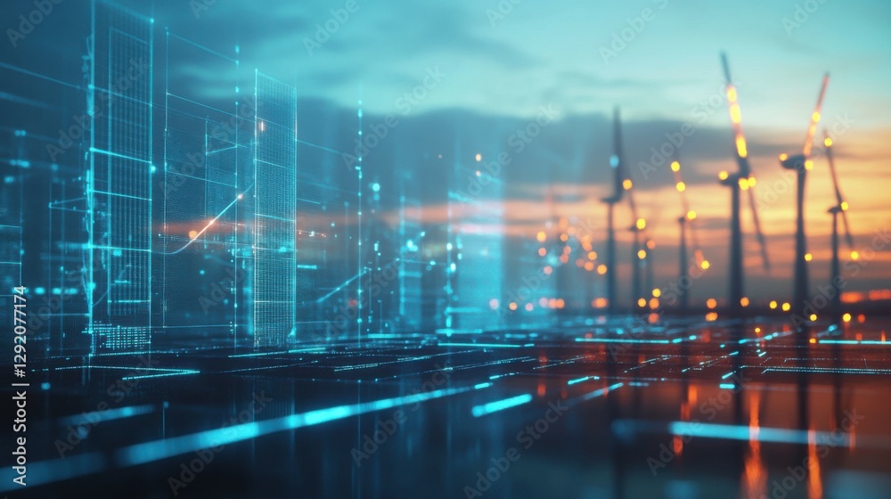 Fototapeta premium Advanced AI monitoring renewable energy grids, visualized in a sleek, high-tech style, copy space for text right or left or center choose one position, photo shot