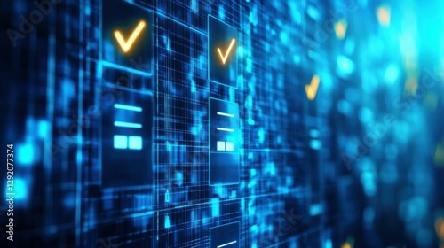A digital representation of compliance standards on a blue screen, featuring checkboxes and policy documentation, showcasing adherence to regulatory guidelines