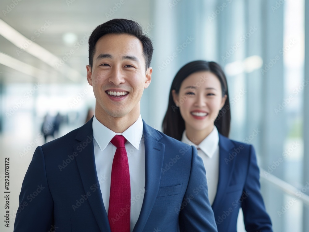 two business people smiling in an office building two business people smiling in an office building