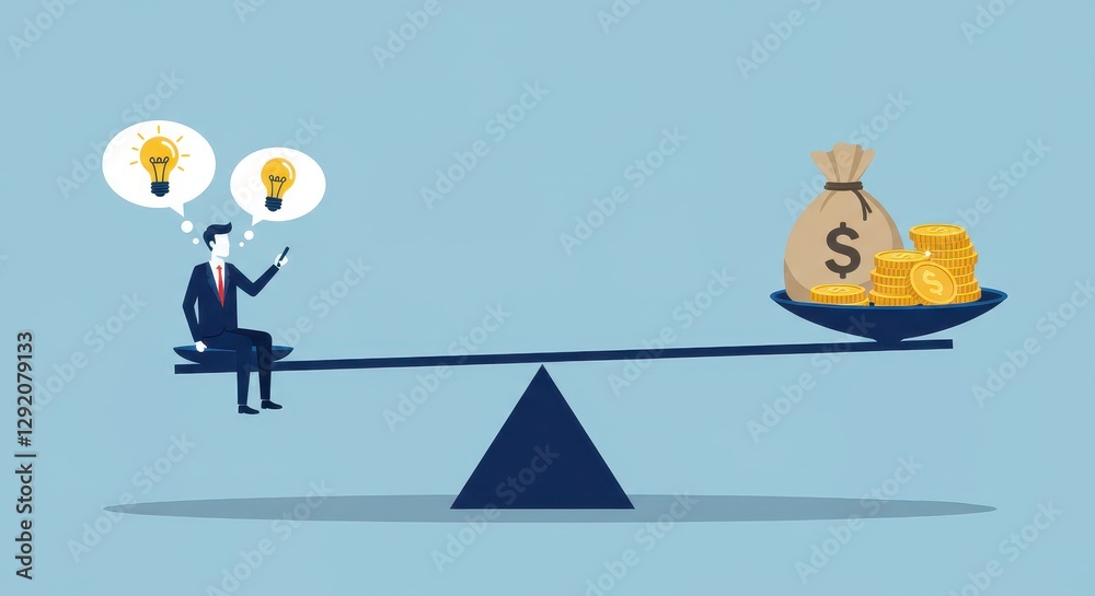 Flat illustration of a businessman on a seesaw with ideas in thought bubbles, outweighed by money, symbolizing the trade-off between innovation and investment Flat illustration of a businessman on a seesaw with ideas in thought bubbles, outweighed by money, symbolizing the trade-off between innovation and investment