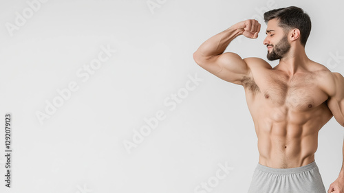 A man with a muscular build is flexing his arm. Muscular man showing bicep muscles on white background.