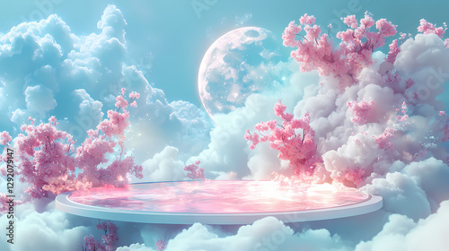 Ethereal dreamscape with pastel clouds, glowing moon, and pink flowers on a circular platform. Soft Pastel Dreamscape. Illustration