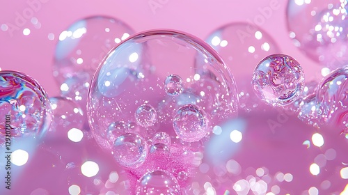 Transparent spheres float against pink backdrop, creating abstract background, used for design