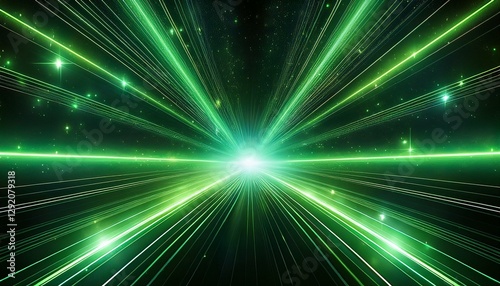 ethereal green light beams with shimmering stars in dark space