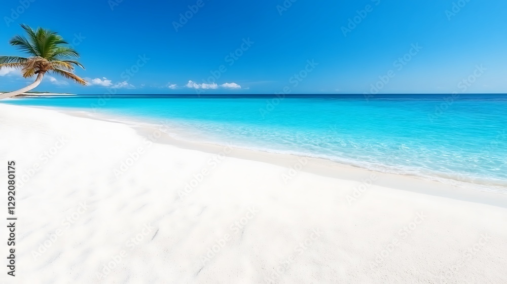 Tropical beach white sand, turquoise water, palm tree, blue sky. Ideal for vacation, travel, and relaxation content Tropical beach white sand, turquoise water, palm tree, blue sky. Ideal for vacation, travel, and relaxation content