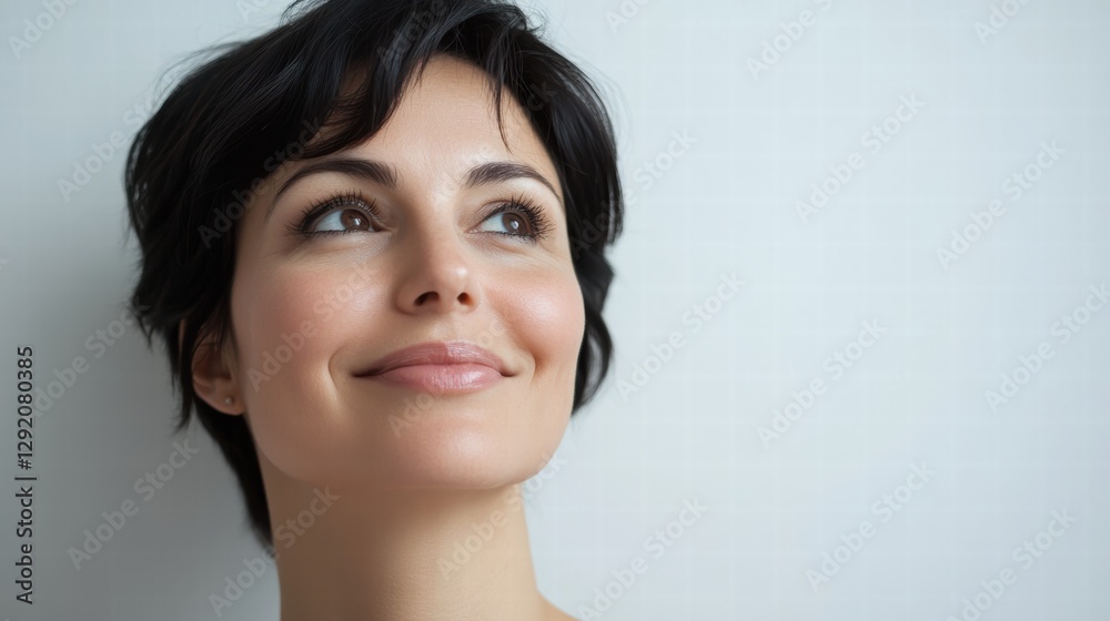 Studio Shot of Woman with Radiant Smile Looking Upward Studio Shot of Woman with Radiant Smile Looking Upward