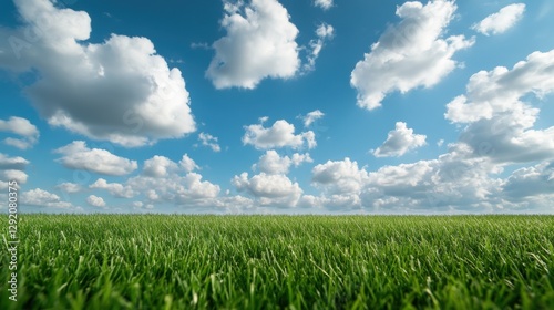 landscape of Green Grass Field and Blue Sky with Clouds