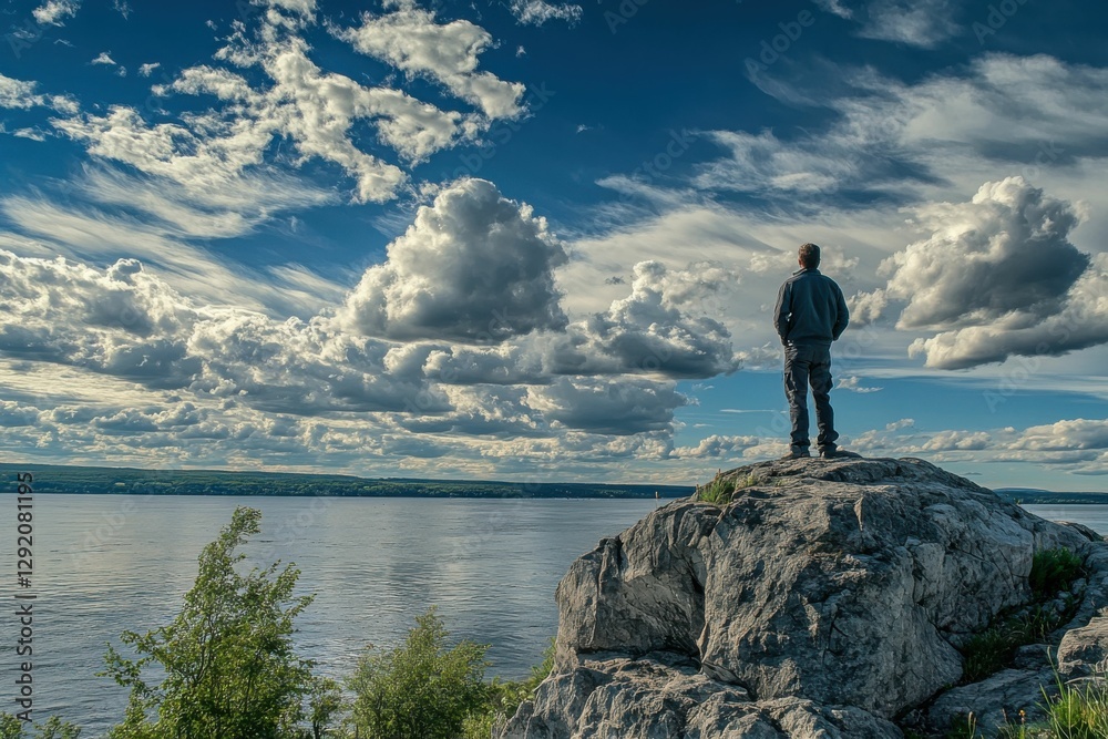 St. Lawrence River. Man Standing Alone on Rocky Cliff, Admiring Canadian Landscape St. Lawrence River. Man Standing Alone on Rocky Cliff, Admiring Canadian Landscape