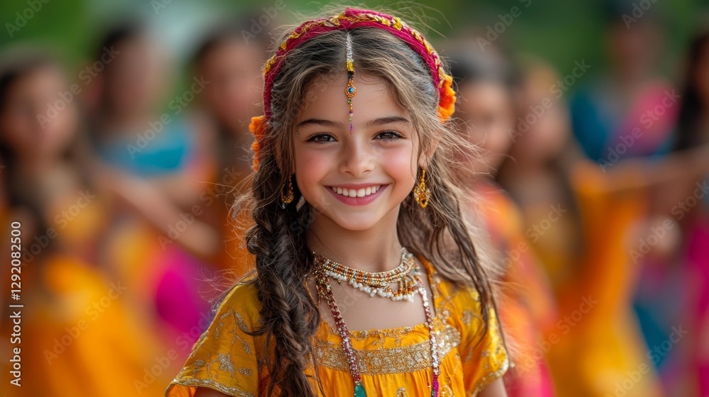 Young girl in bright yellow dress with cultural jewelry and headpiece. Generative AI Young girl in bright yellow dress with cultural jewelry and headpiece. Generative AI