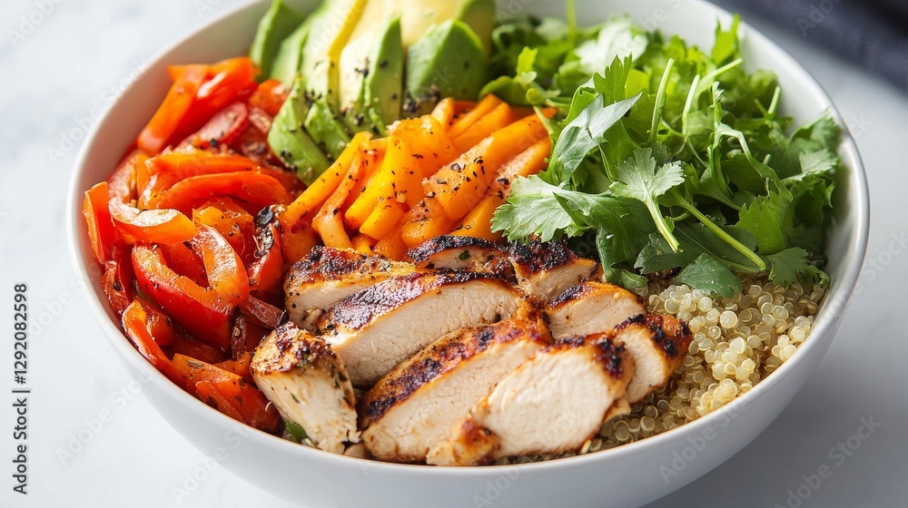 Bowl Buddha.Quinoa, chicken
breast, avocado, red cabbage, arugula, carrot, green
peas, corn, broccoli, green beans in a plate on a stone background, with copy space for your text Bowl Buddha.Quinoa, chicken
breast, avocado, red cabbage, arugula, carrot, green
peas, corn, broccoli, green beans in a plate on a stone background, with copy space for your text