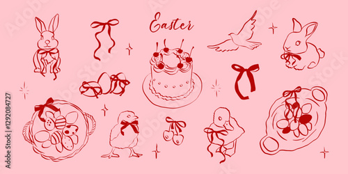 Hand drawn coquette Easter set. Vintage cute symbols with ribbon and bow in simple crayon and sketch style. Trendy art for menu and banner for holidays. Doodle vector illustration