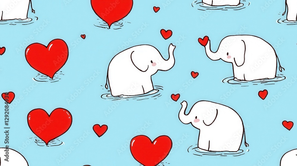 Fototapeta premium Cute Elephants with Hearts in Blue Water Background Pattern