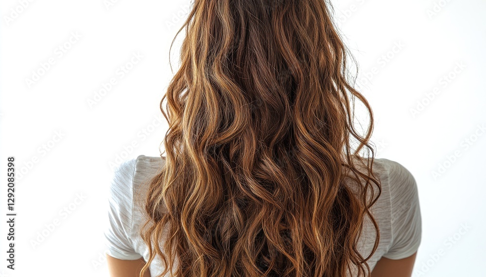Fototapeta premium Long, wavy brown hair cascading down back. Perfect for haircare, beauty, and fashion websites.