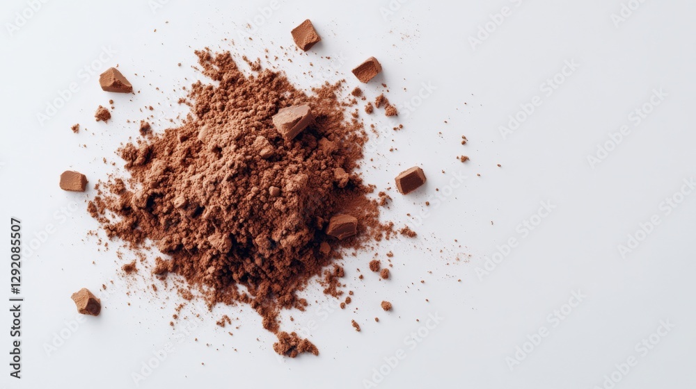 Pile of cocoa powder with chocolate pieces on white background Pile of cocoa powder with chocolate pieces on white background