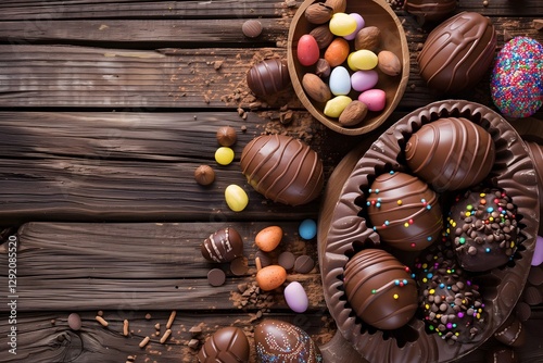 A delightful arrangement of chocolate eggs, candies, and colorful confections displayed on a wooden surface.