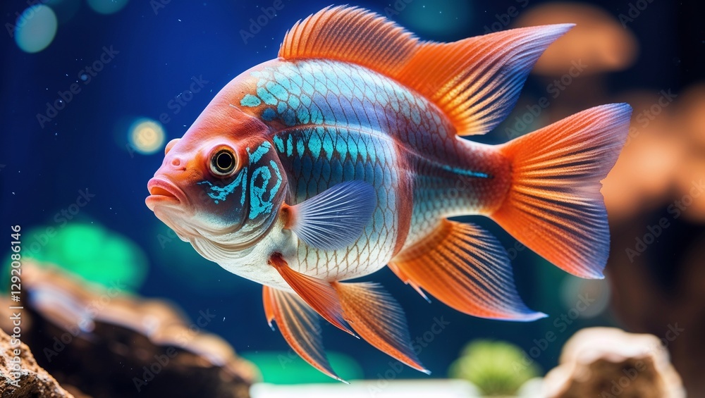 Fototapeta premium Artistic illustration of a colorful fish swimming in an aquarium with copy space
