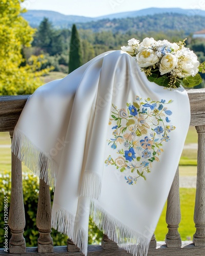 Elegant Kashmiri pashmina shawl on a wooden table, featuring intricate embroidery and soft fringes