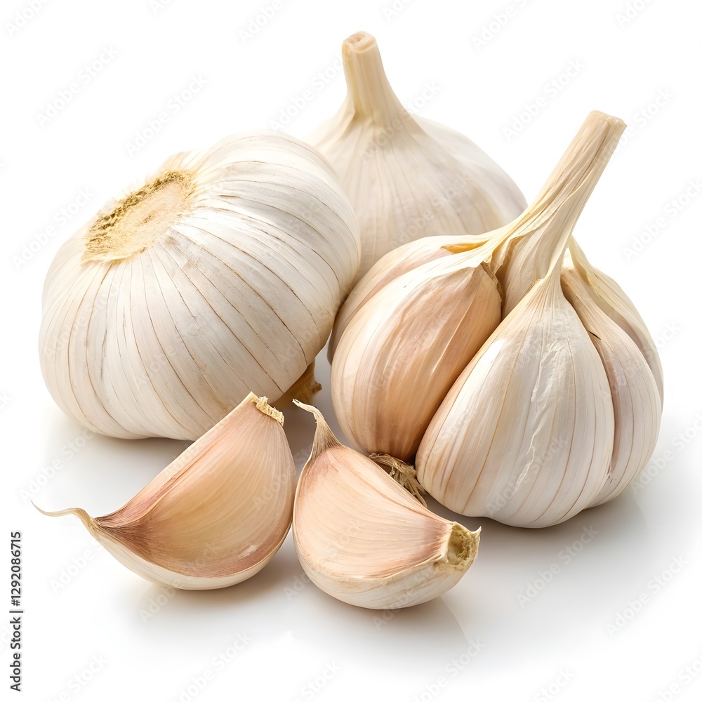 Fototapeta premium A photograph of four garlic bulbs with a white background, three whole bulbs and one cut in half,