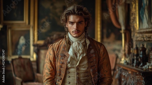 A dashing young man in vintage attire with a confident look against a backdrop of grand classic furniture. Generative AI