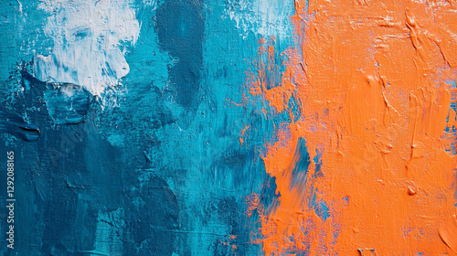 Expressive painting featuring broad strokes of blue and orange creating a vibrant texture and visual energy on canvas. photo