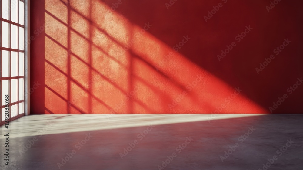 Fototapeta premium Bright sunlight casts long shadows across a vibrant red wall in an empty room with a polished concrete floor during the afternoon