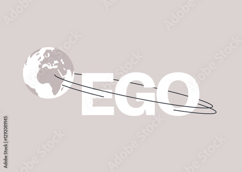 Earth revolves around a massive supersized ego—symbolizing self-centeredness and the illusion of individualism in a vast, interconnected universe, A creative take on egoism