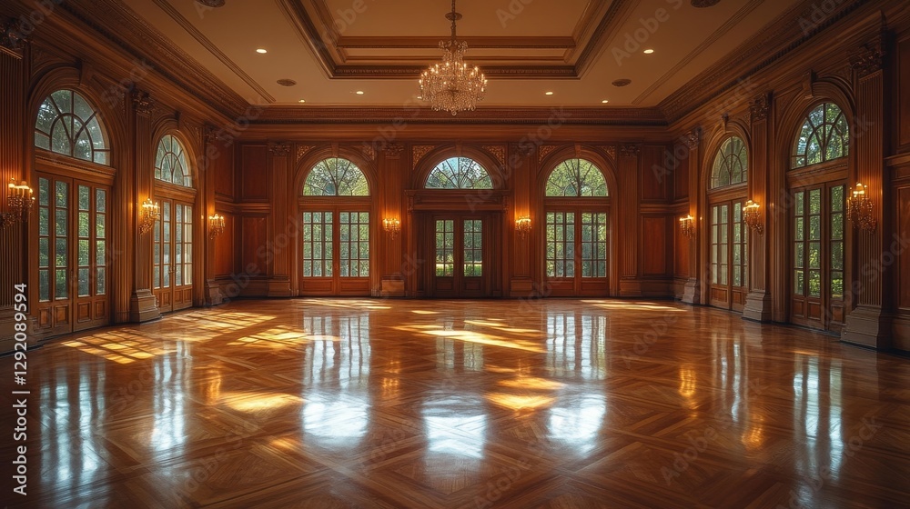 Obraz premium Elegant Ballroom with Grand Windows and Chandelier Lighting. Generative AI