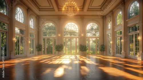 Elegant Ballroom with Abundant Natural Light and Potted Plants. Generative AI