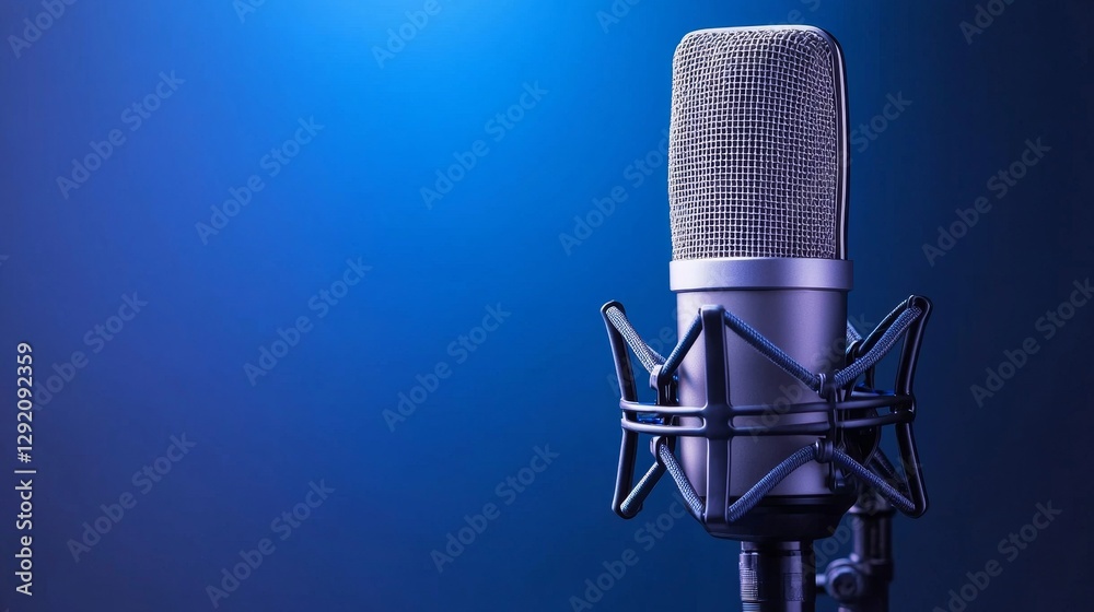 A classic microphone on a stand, set against a blue background, ideal for music and recording themes A classic microphone on a stand, set against a blue background, ideal for music and recording themes
